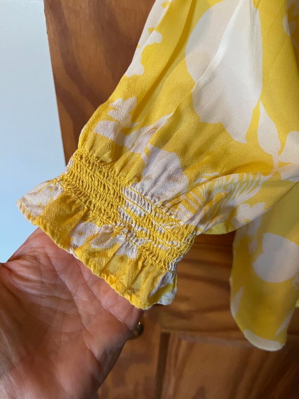 Talbots Petite Yellow Floral Ruffle Split Neck Popover Blouse - SP - Picture 5 of 8